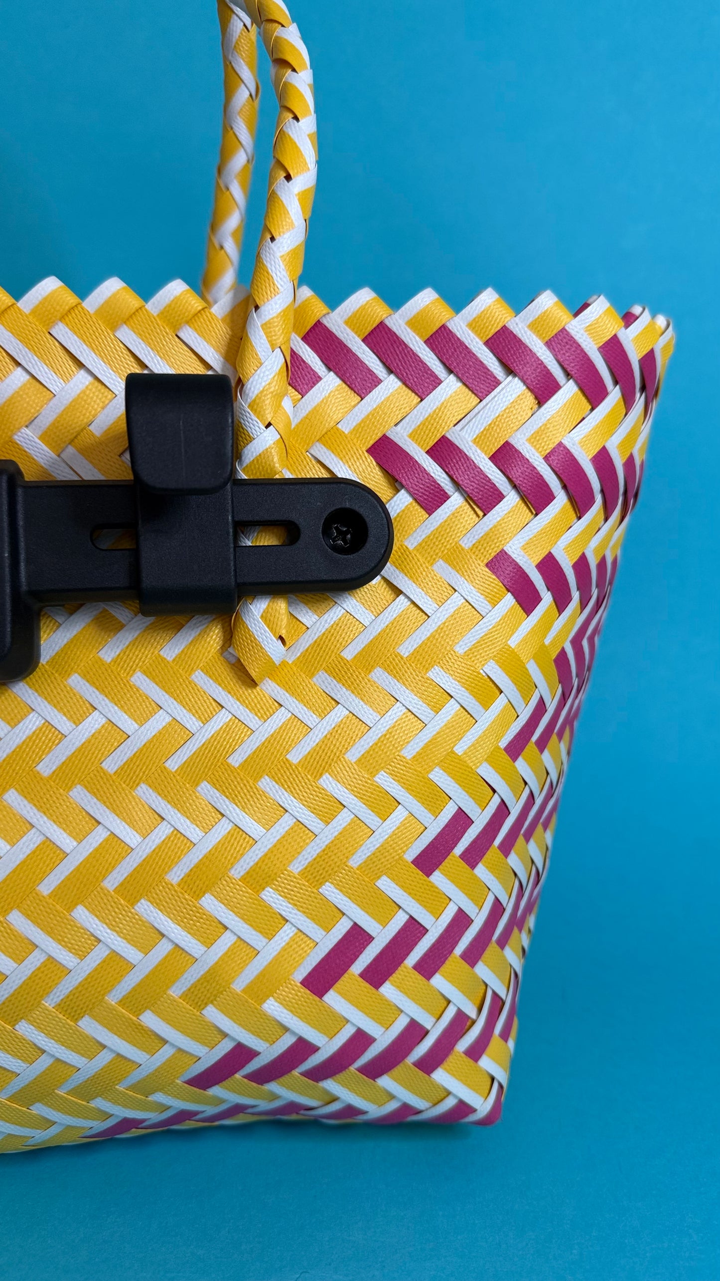 Bicycle Pannier yellow pink plastic woven basket