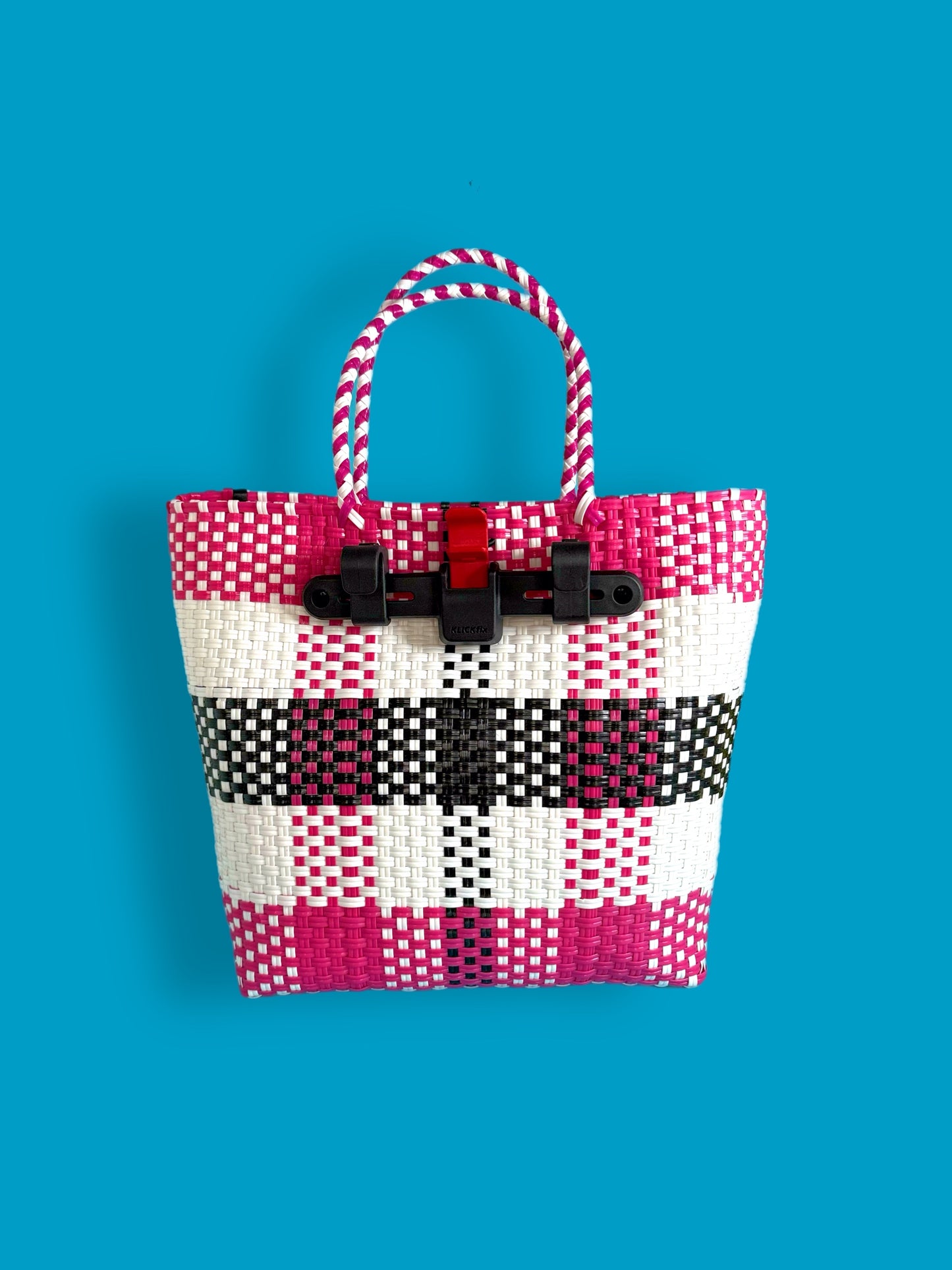 Bicycle Pannier magenta black plastic woven basket
