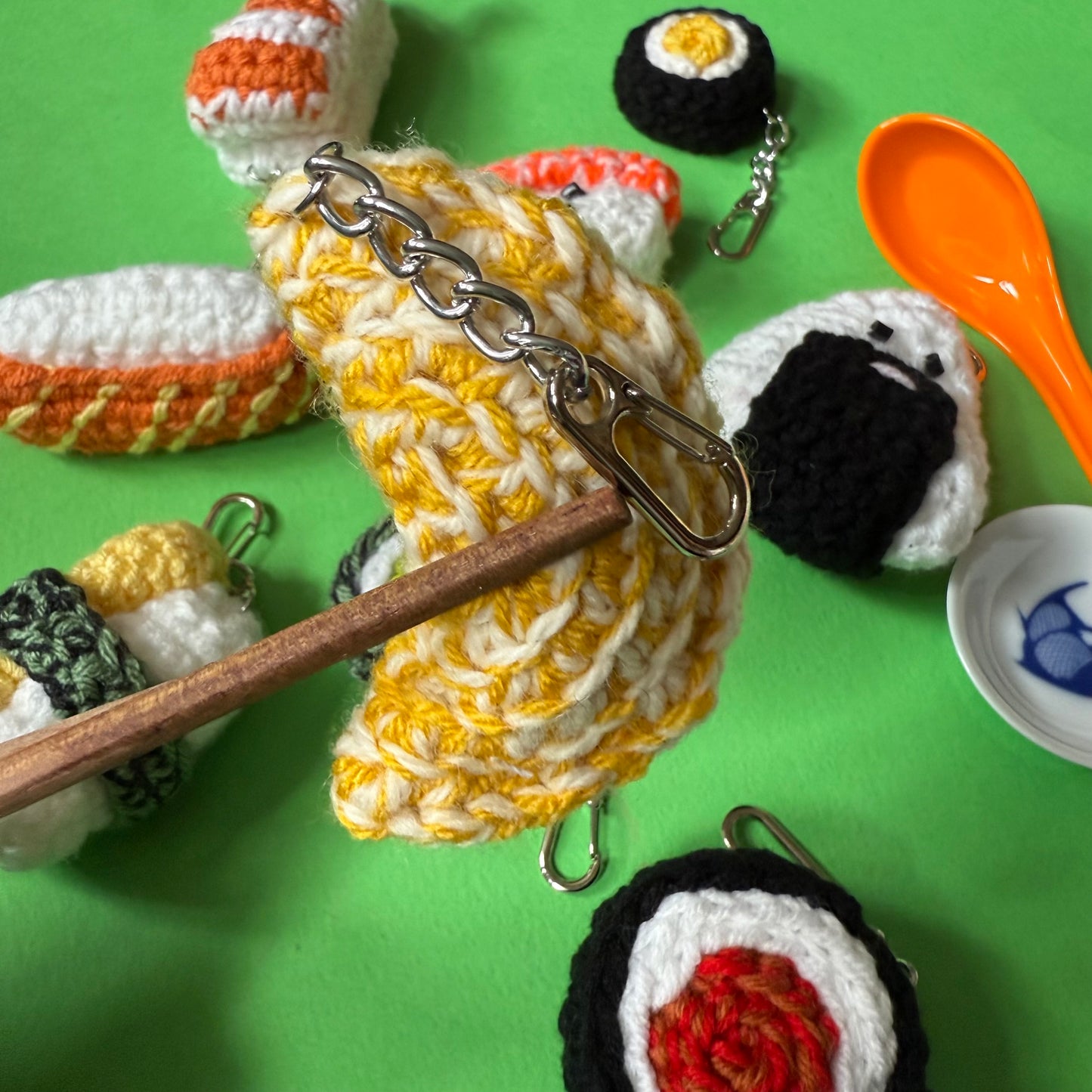 Hand crocheted sushi keyrings