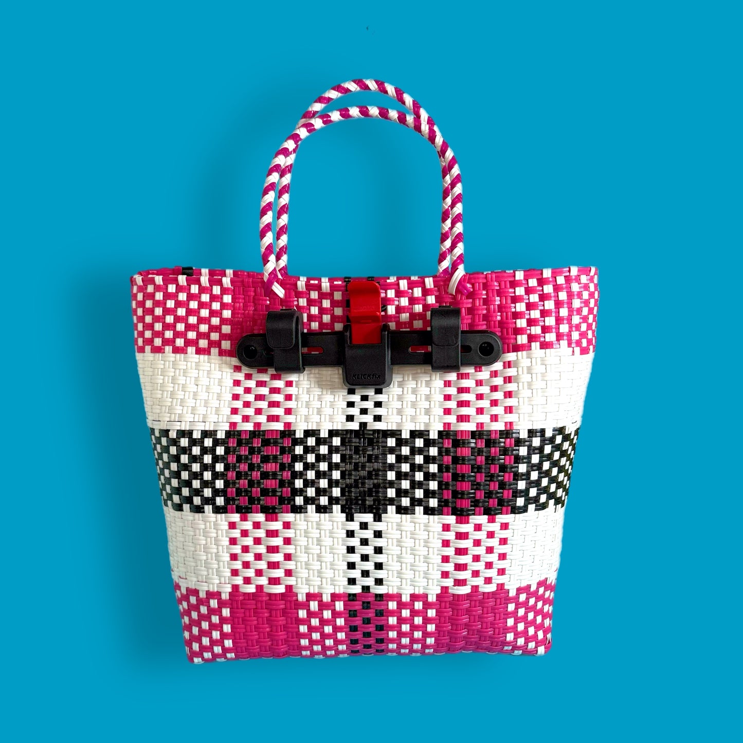 Bicycle Pannier magenta black plastic woven basket