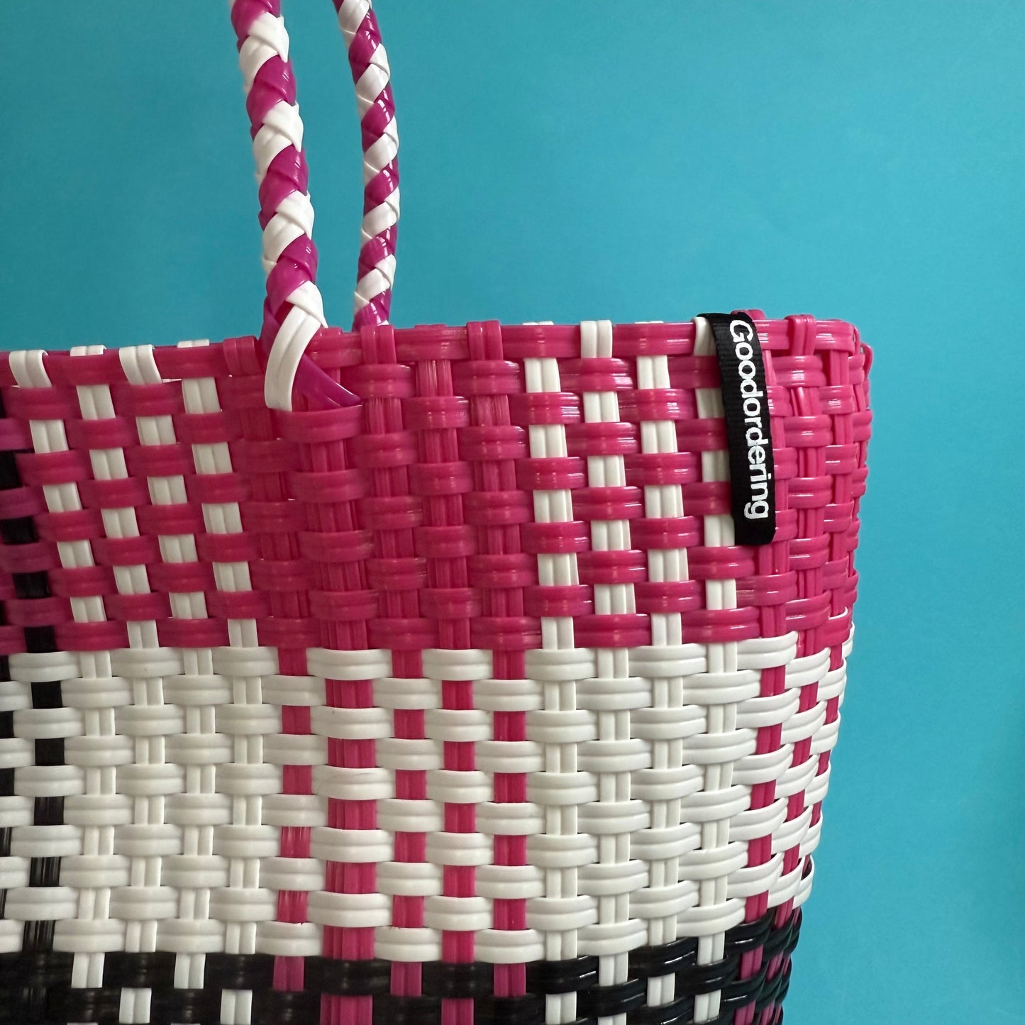 Bicycle Pannier magenta black plastic woven basket