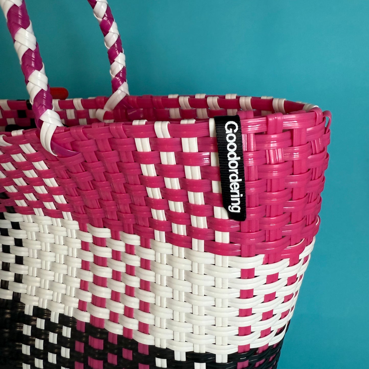 Bicycle Pannier magenta black plastic woven basket