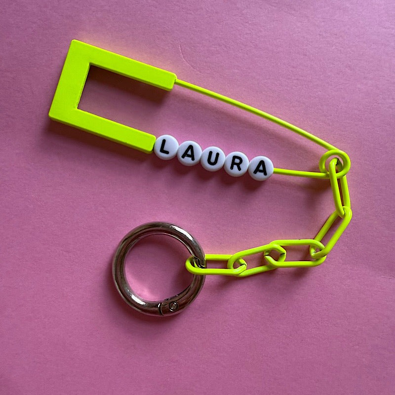 Personalised neon safety pin keyring charm