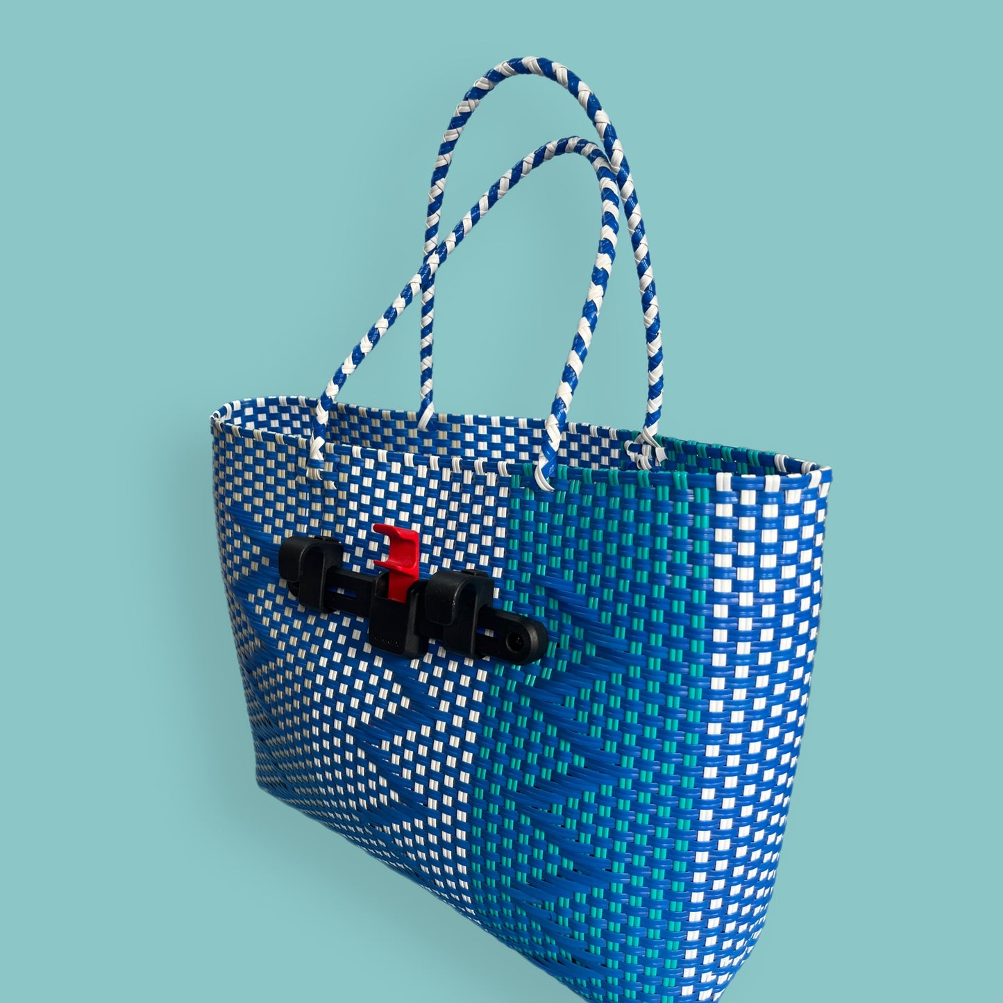 Bicycle Pannier recycled blue multicoloured plastic woven basket tote bag