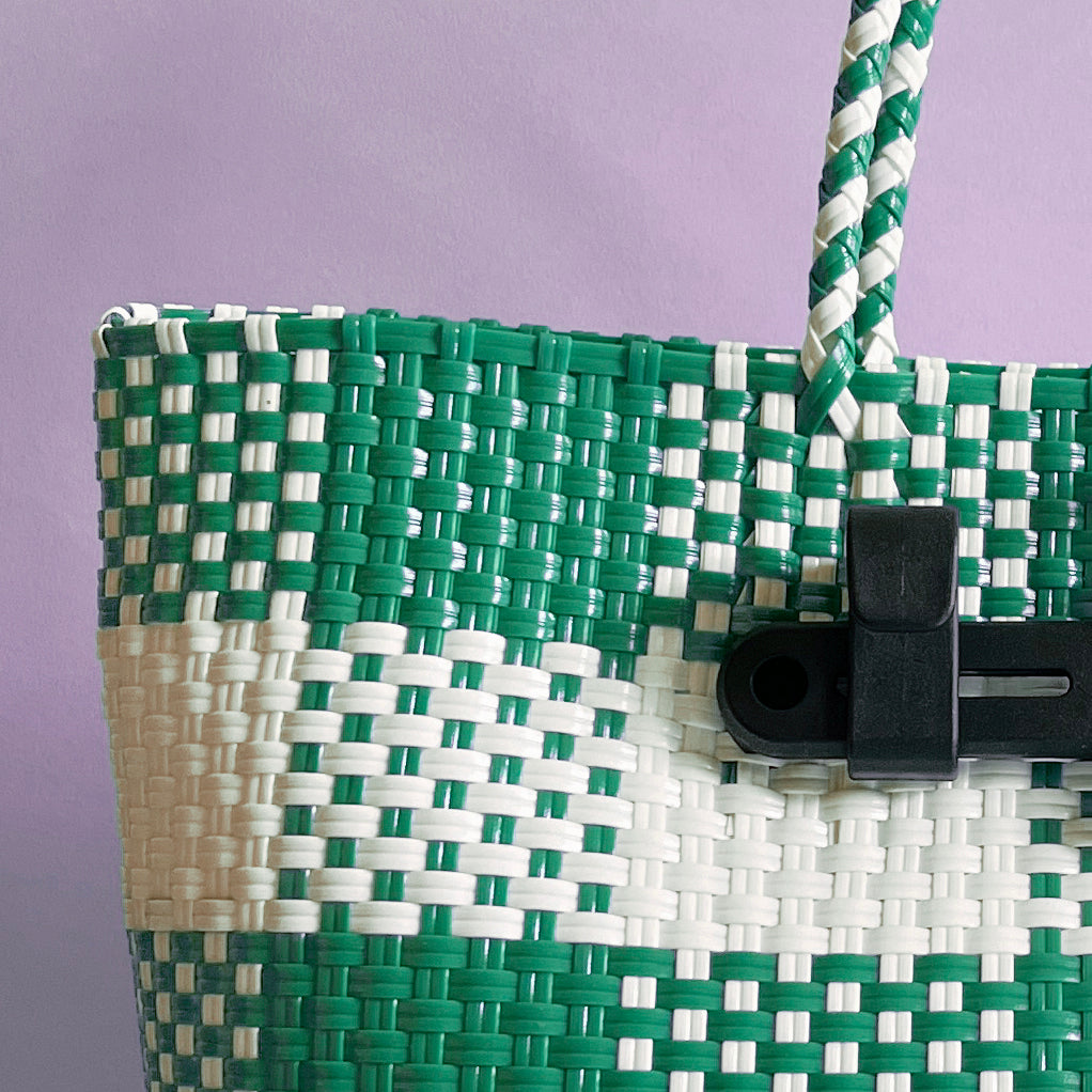 Bicycle Pannier recycled green & white plastic woven basket tote bag