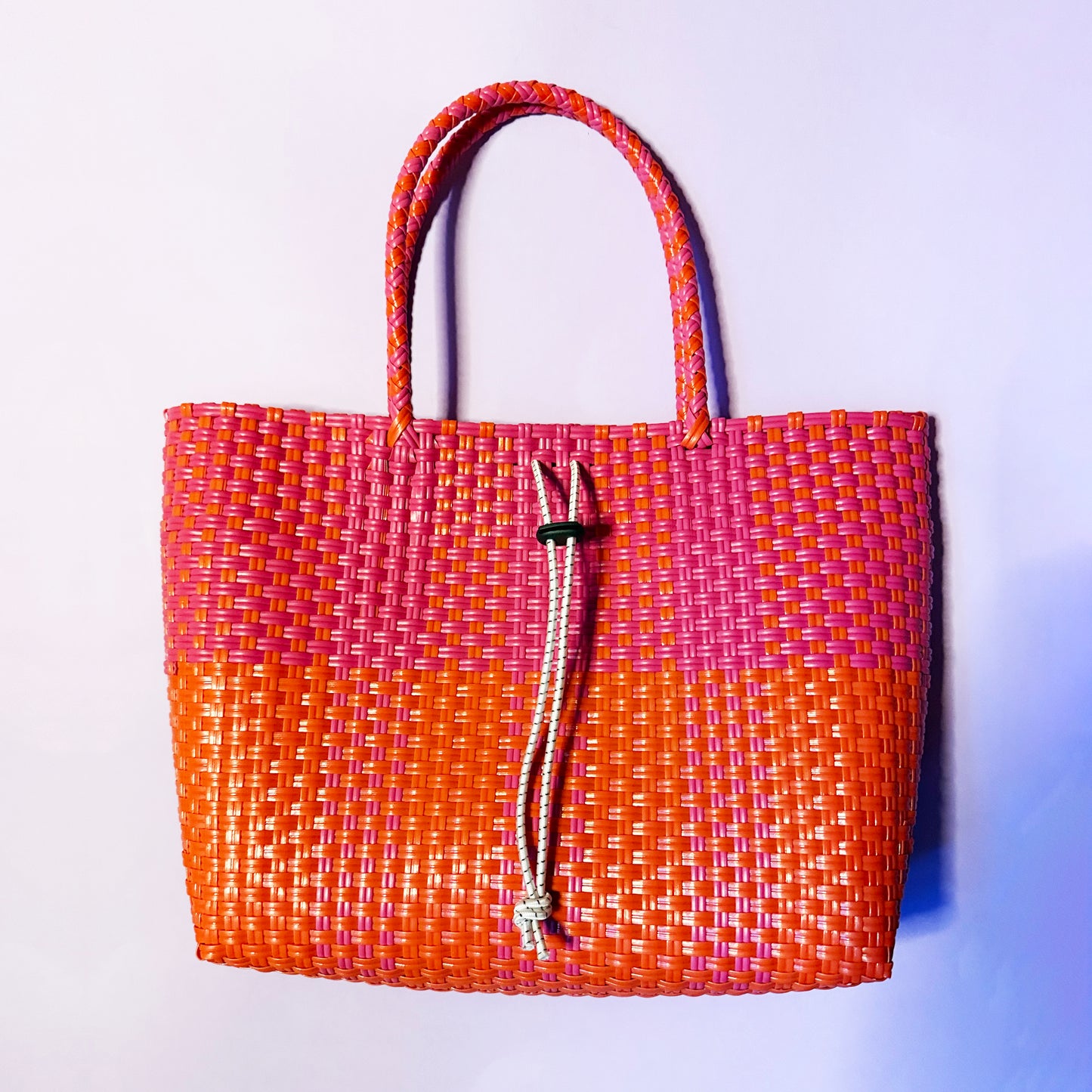 Bicycle Pannier recycled red & pink plastic woven basket tote bag