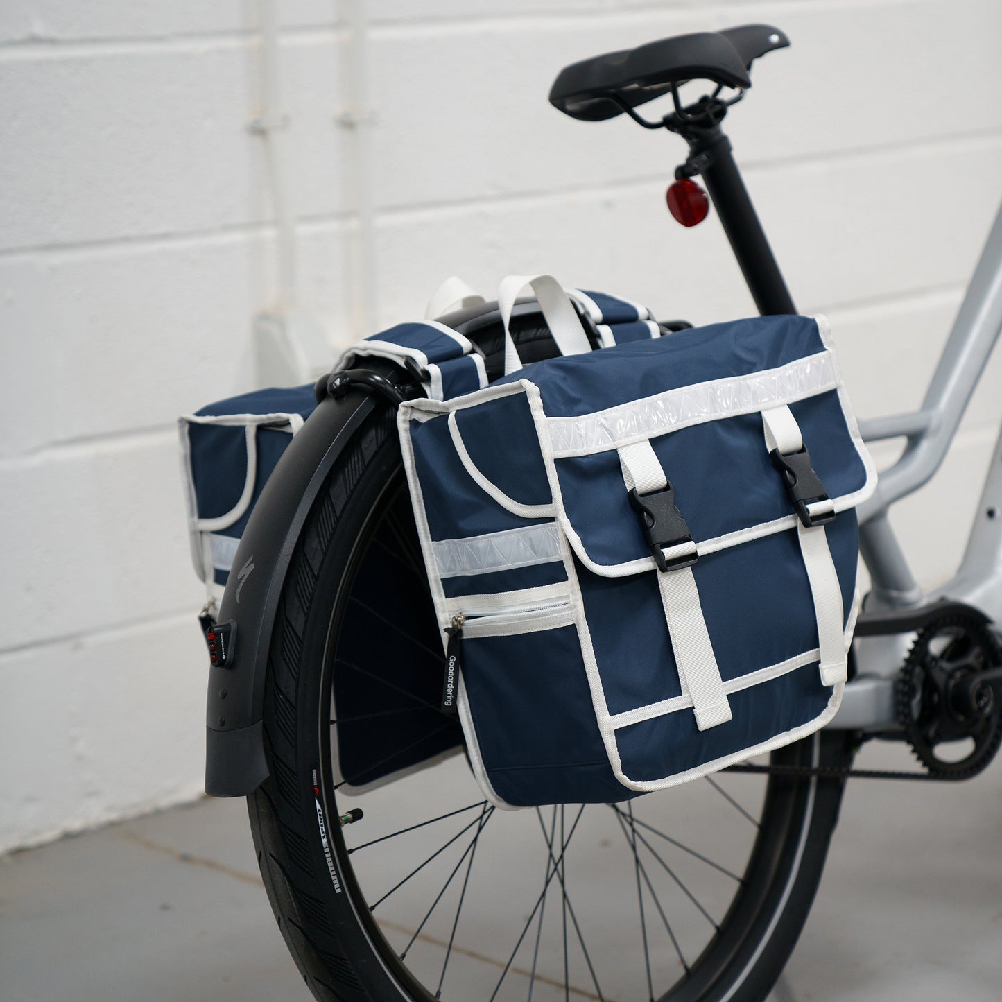 Double pannier bicycle bag navy blue and white