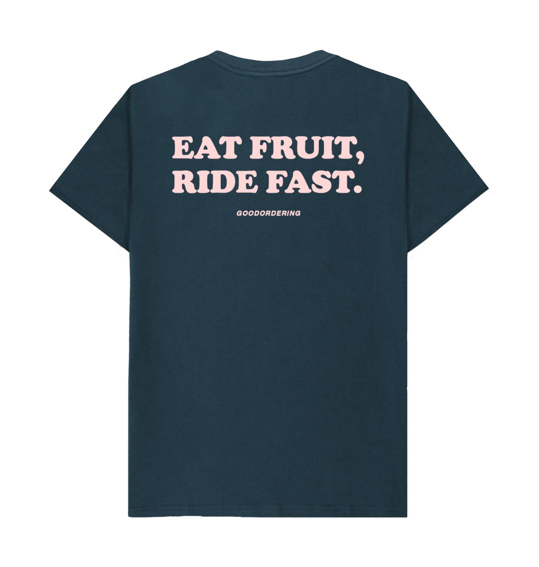 Denim Blue Adults Unisex Eat Fruit, Ride Fast T-shirt