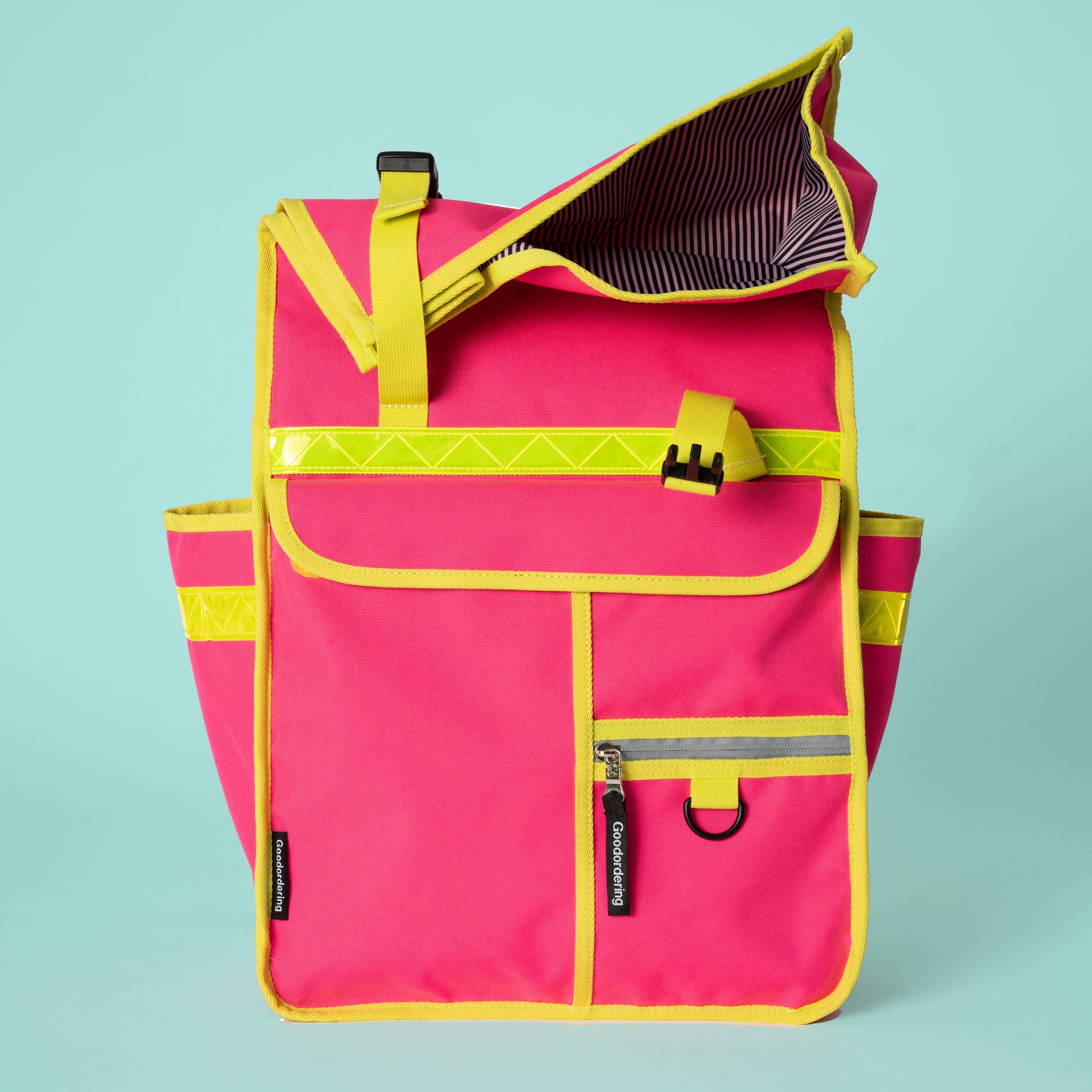 Neon pink roll top backpack