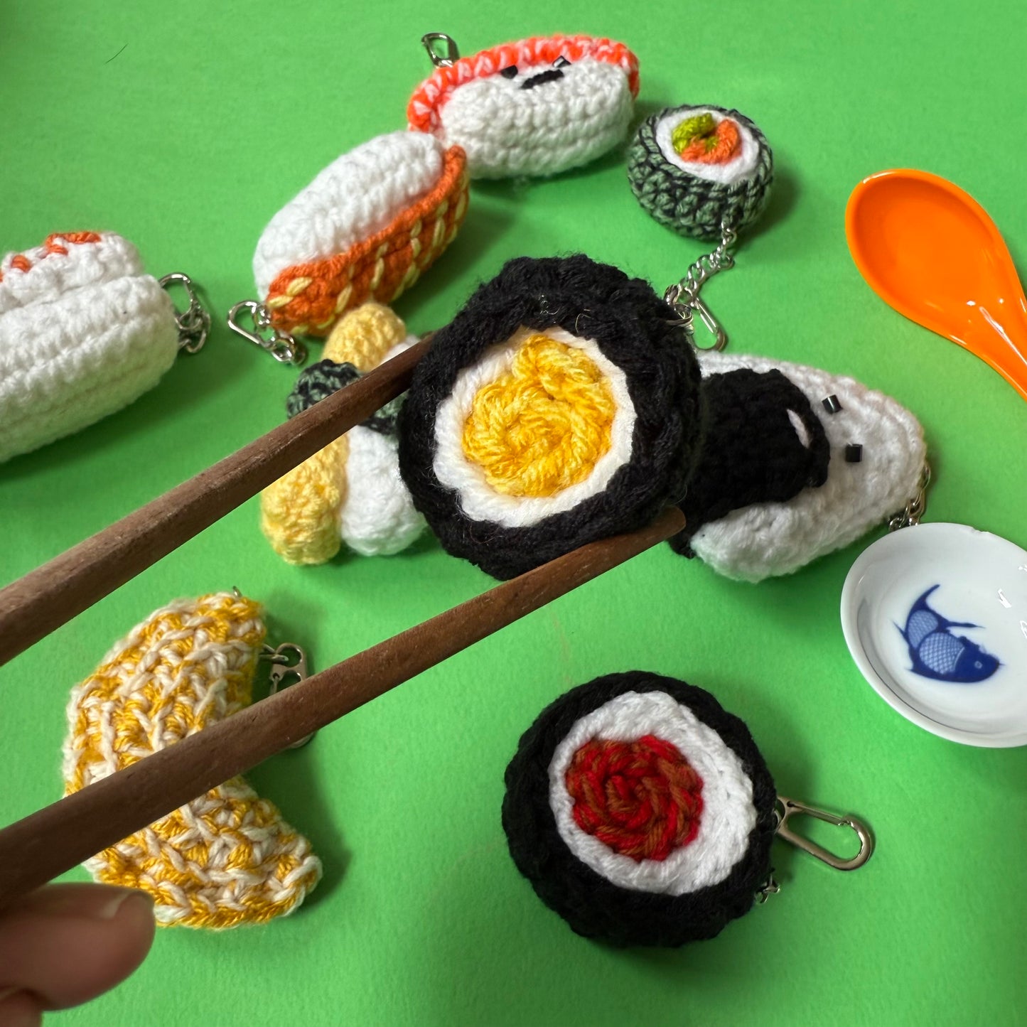 Hand crocheted sushi keyrings
