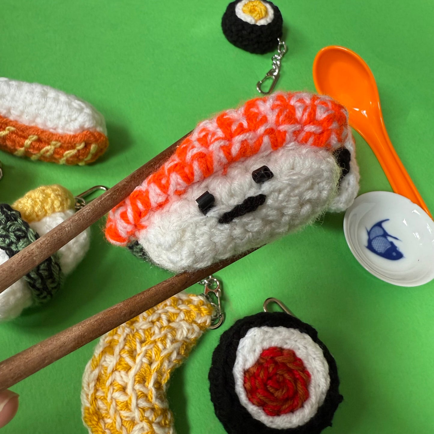 Hand crocheted sushi keyrings