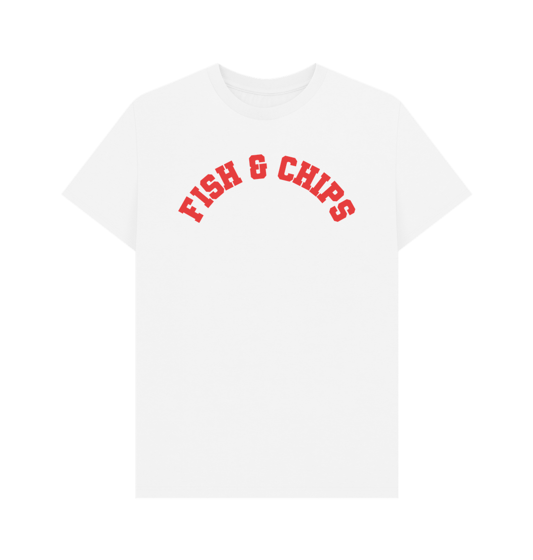 White Fish and Chips Varsity Unisex T-shirt, a classic British staple