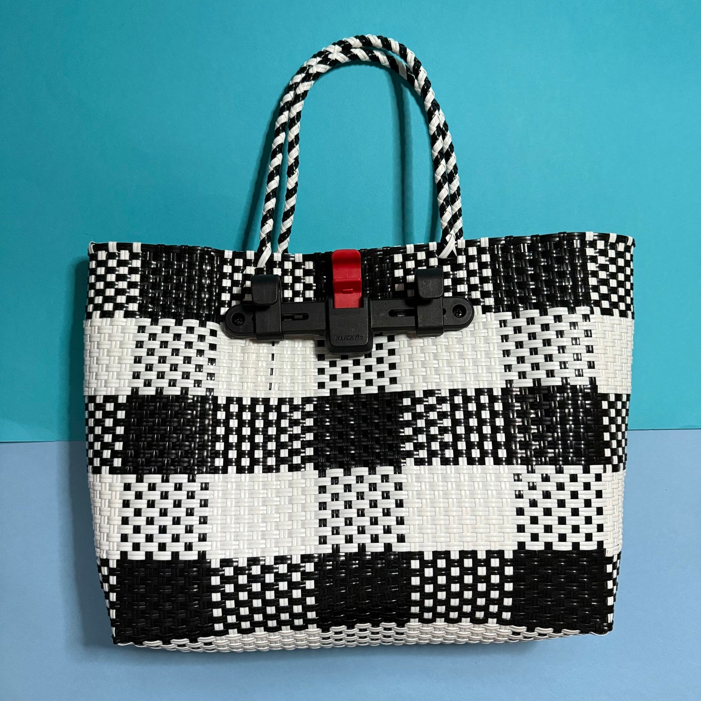 Bicycle Pannier recycled black & white plastic woven basket tote bag