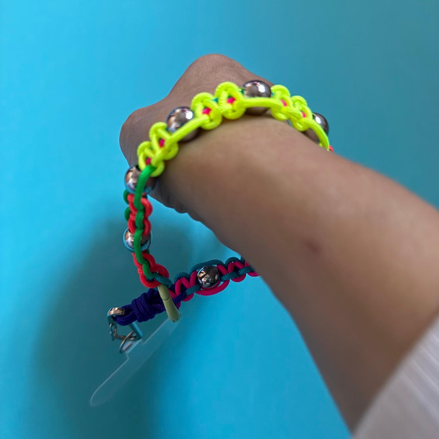 Rainbow cord and metal bead paracord wristlet phone strap