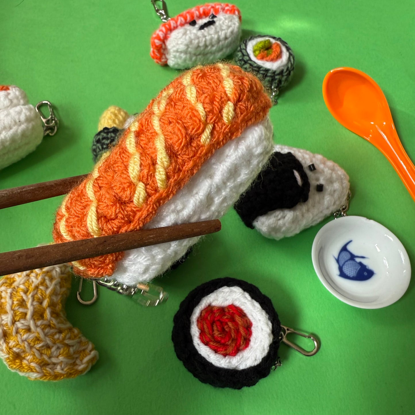 Hand crocheted sushi keyrings