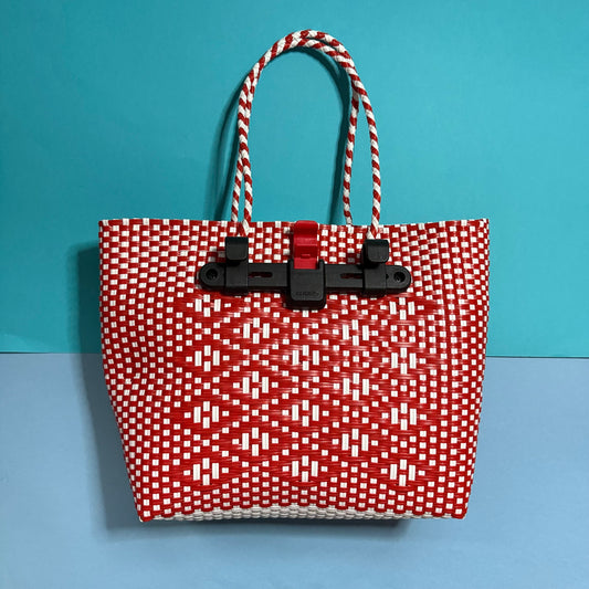 Bicycle Pannier recycled red white plastic woven basket tote ba