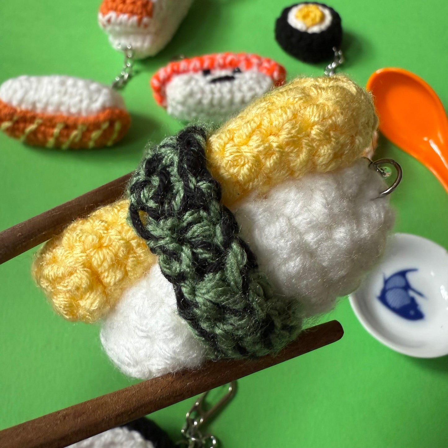 Hand crocheted sushi keyrings