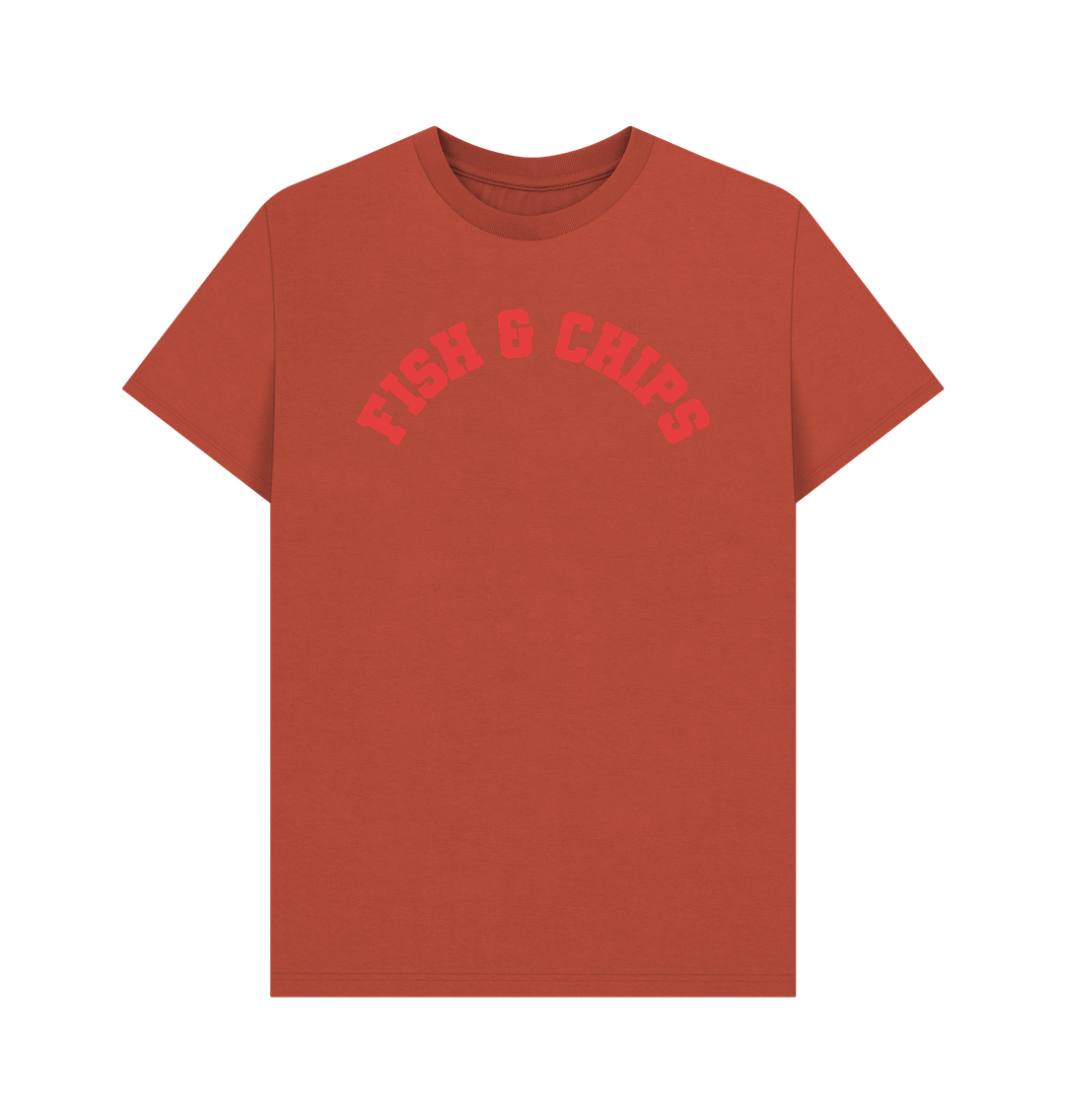 Rust Fish and Chips Varsity Unisex T-shirt, a classic British staple