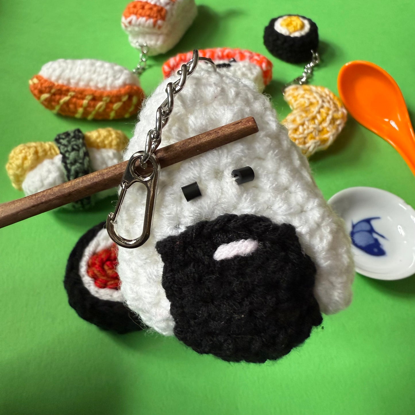Hand crocheted sushi keyrings