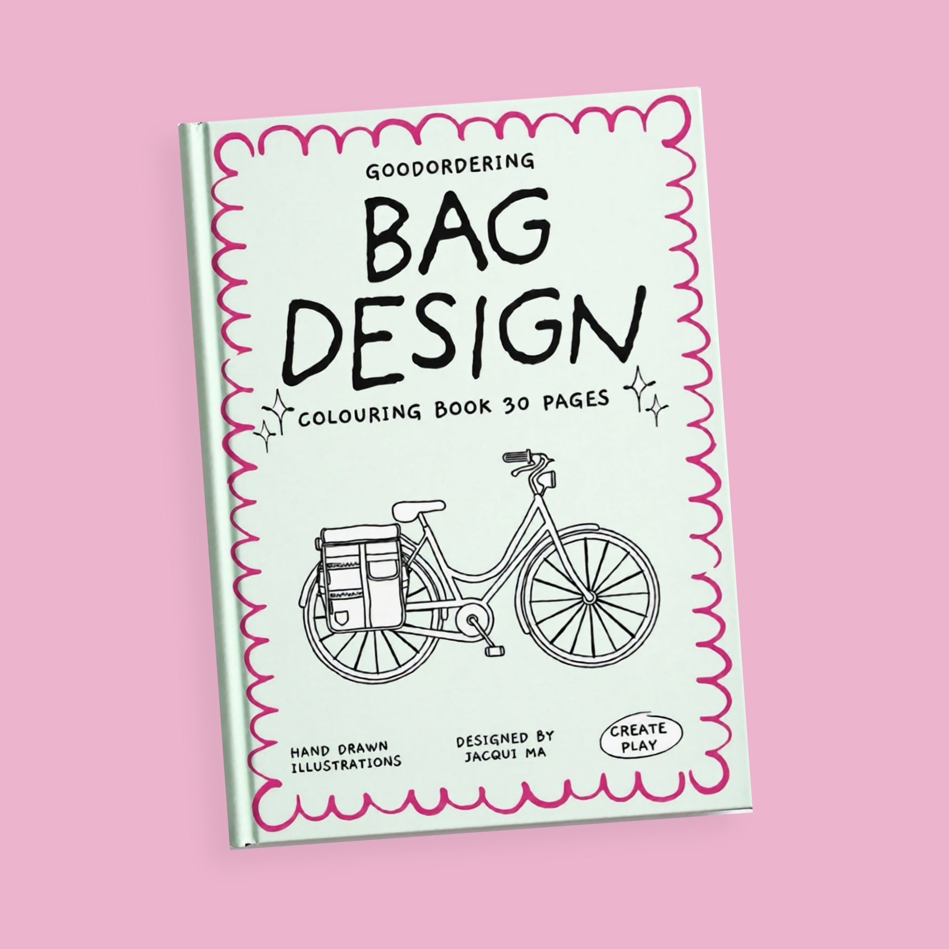 Bag Design coloring book with a bicycle illustration on a pink background
