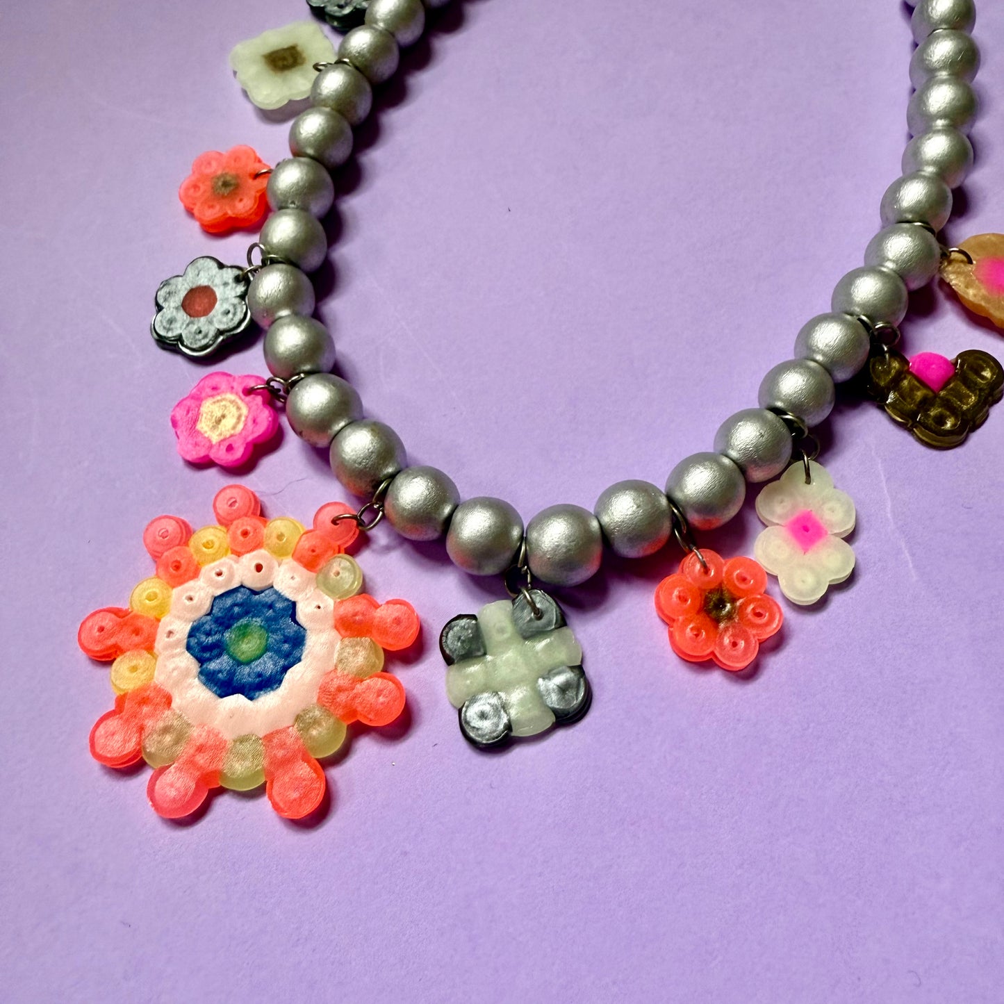 Hama bead charm necklace with wooden beads