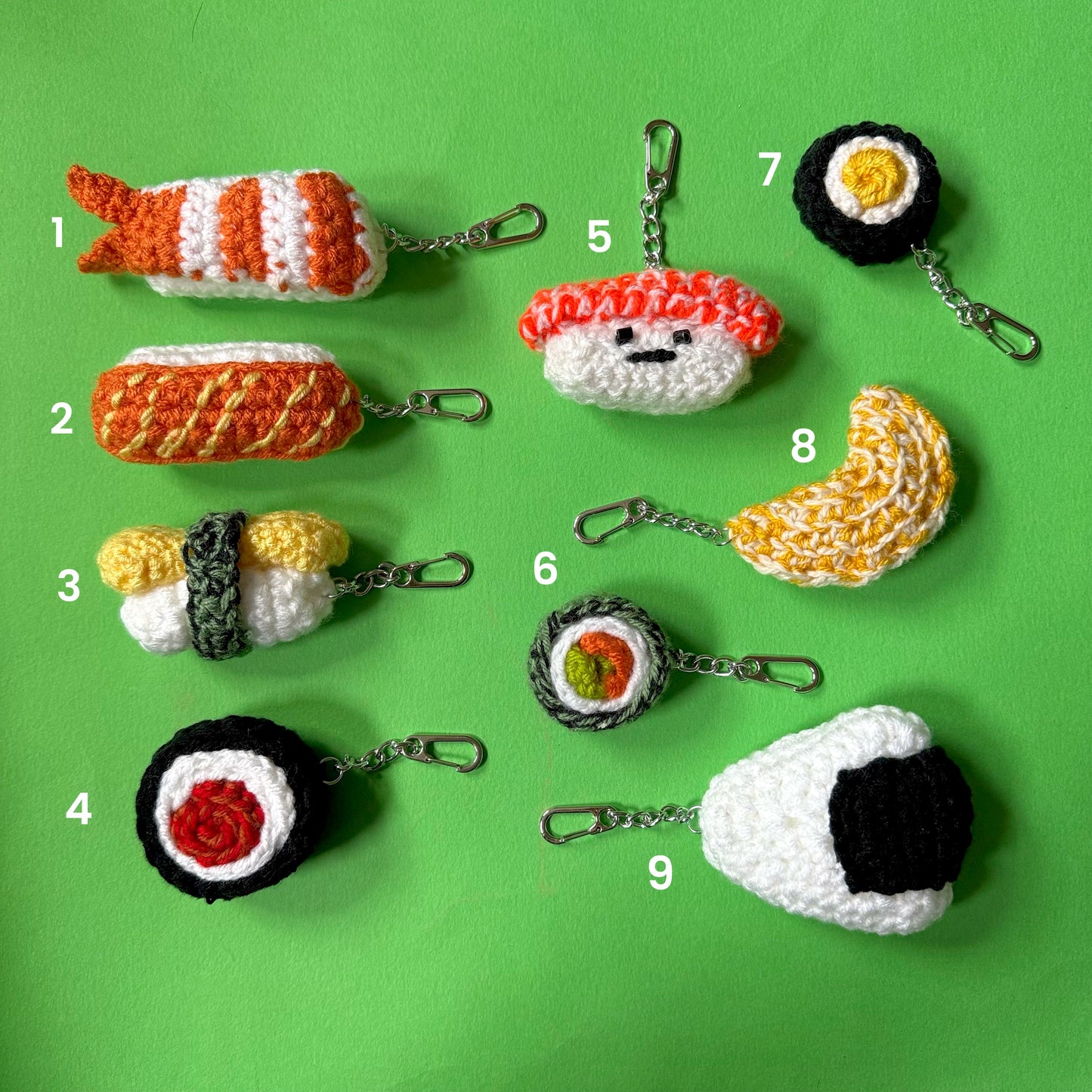 Hand crocheted sushi keyrings