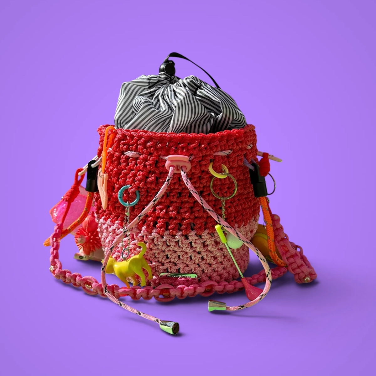 Crocheted paracord bucket bag with charms 2