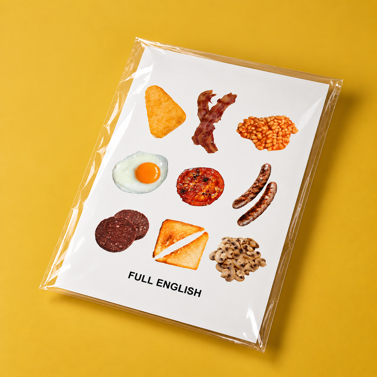 A clear plastic-wrapped card featuring illustrated British breakfast foods on a white background, with the text 'FULL ENGLISH' at the bottom, .cellophane packaging