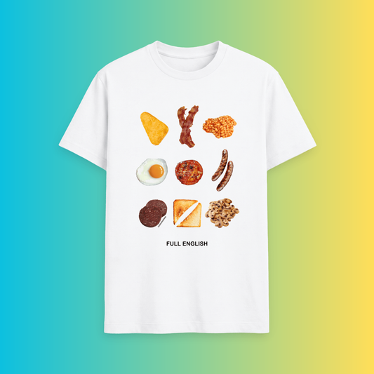 Full English organic cotton T-shirt from Goodordering's Souvenir Range. A fun British breakfast gift and quirky graphic T-shirt for food lovers.