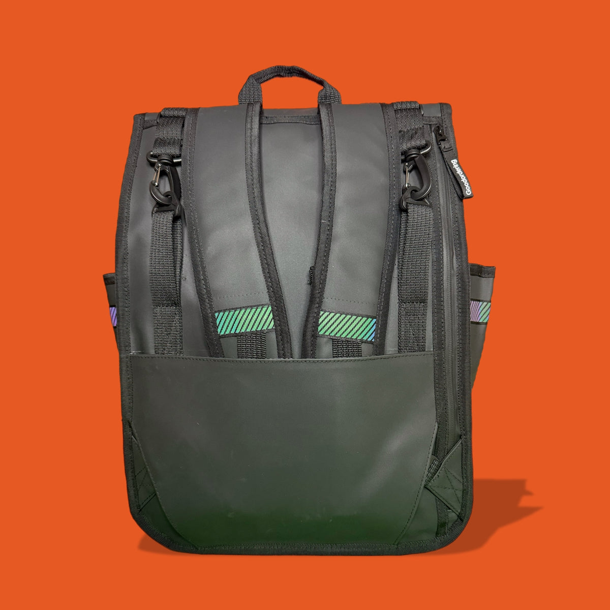 Matt black  backpack with green reflective accents Goodordering black rolltop bike backpack with reflective details