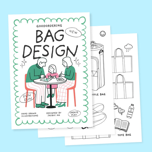 Goodordering Bag Design book with illustrations on a light blue background