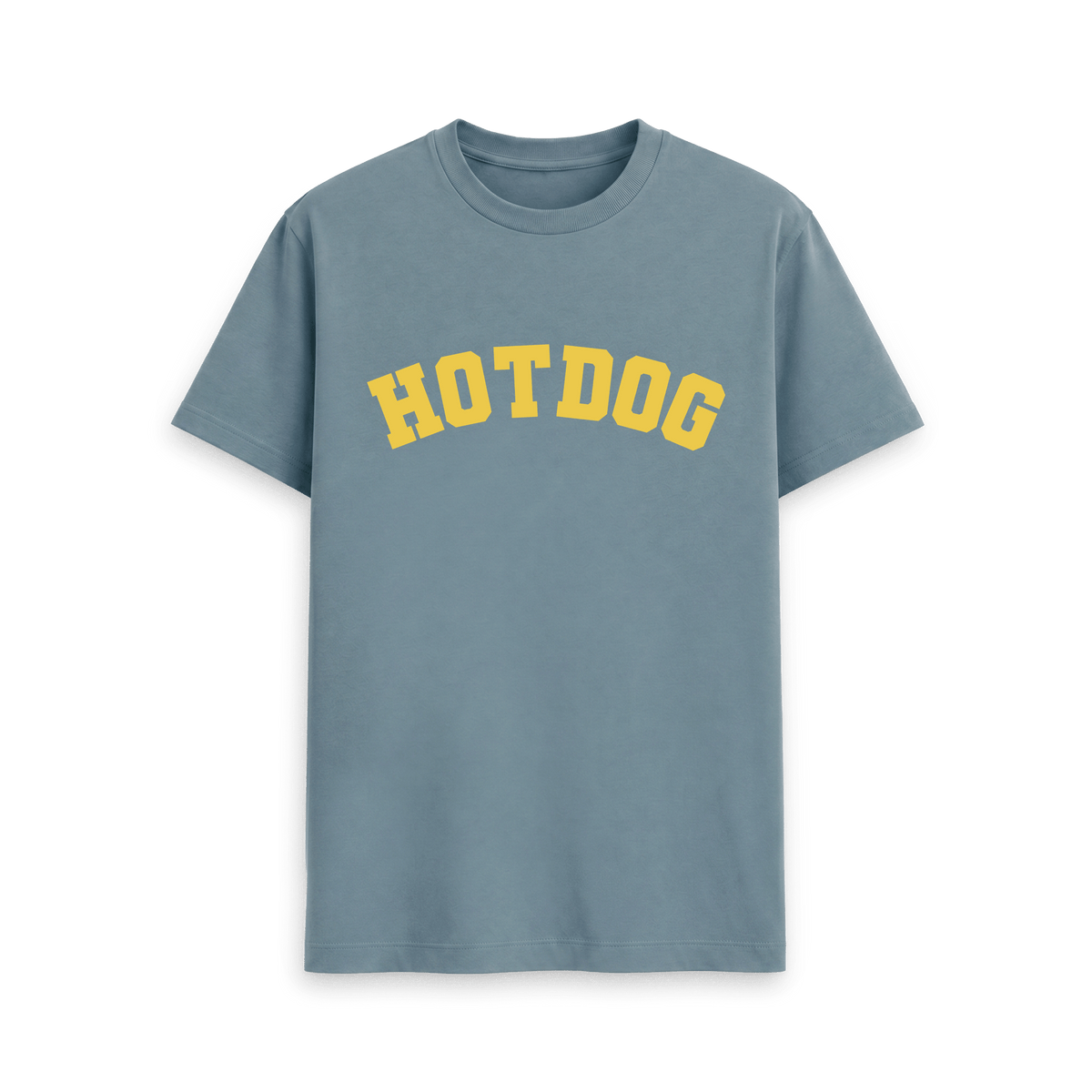 Stone Blue Printed T-shirt Front Hot dog graphic T-shirt with sporty varsity-style design
