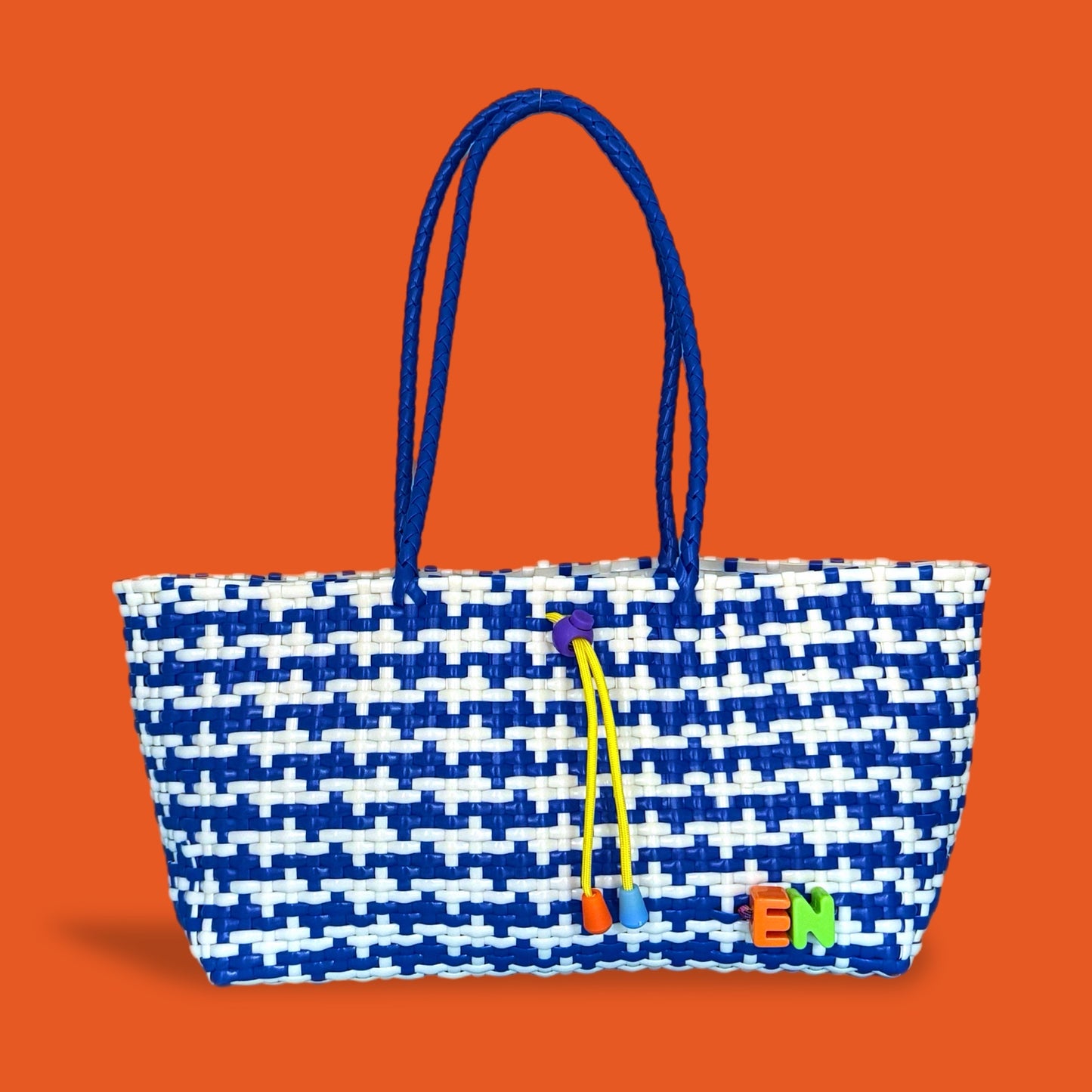 Summer basket plastic woven blue white personalised