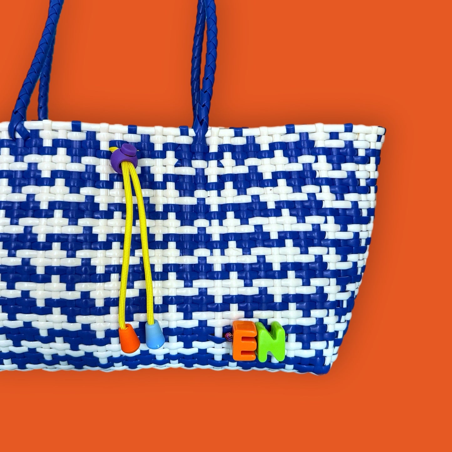 Summer basket plastic woven blue white personalised