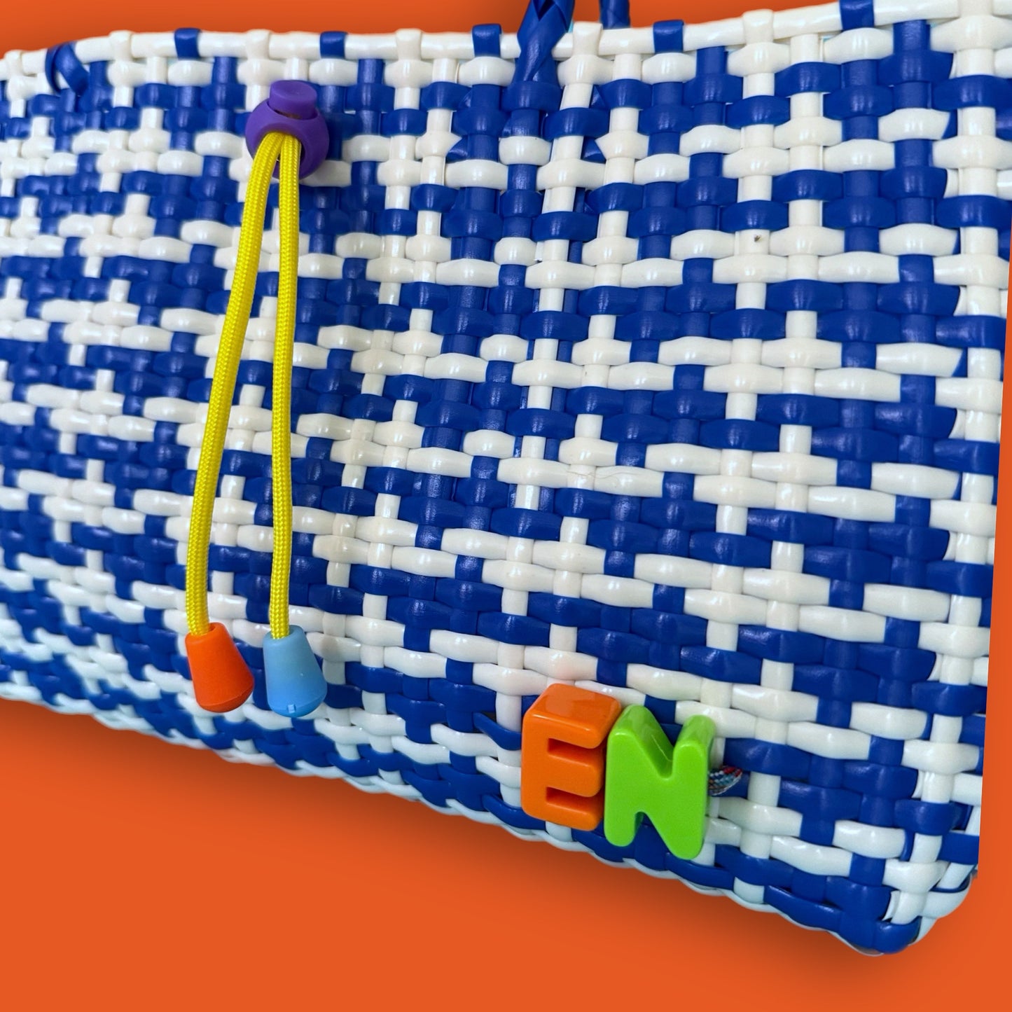 Summer basket plastic woven blue white personalised