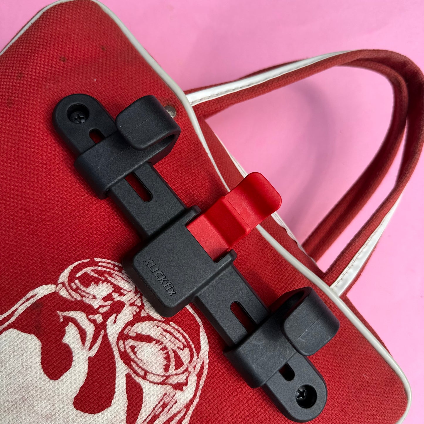 Unique upcycled red vintage bike bag with retro travel design