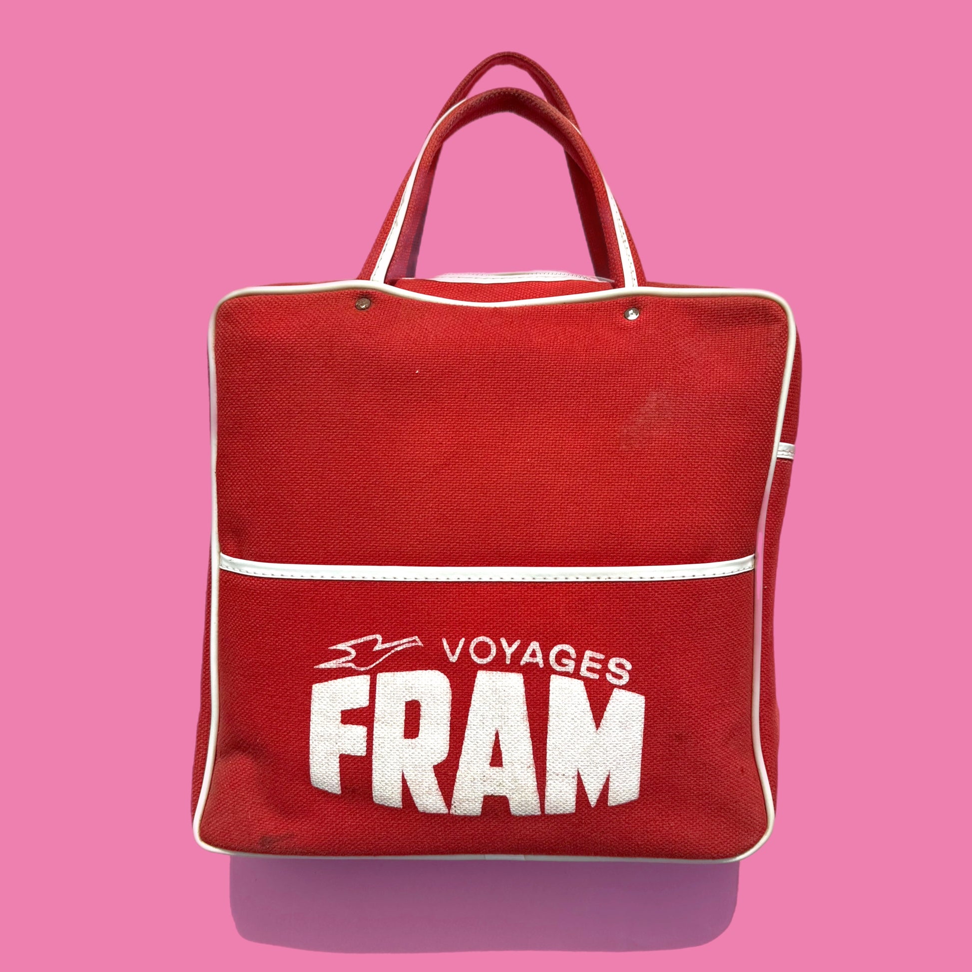 Vintage red canvas tote bag with bicycle pannier attachment