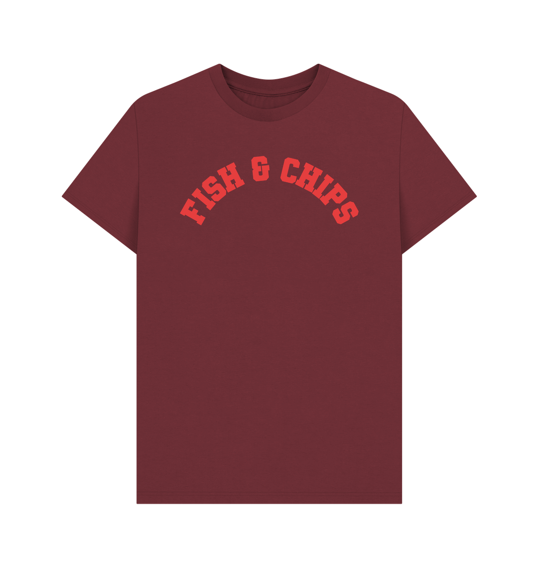 Red Wine Fish and Chips Varsity Unisex T-shirt, a classic British staple