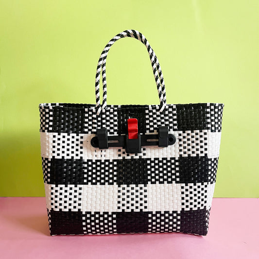 Bicycle Pannier recycled black & white plastic woven basket tote bag