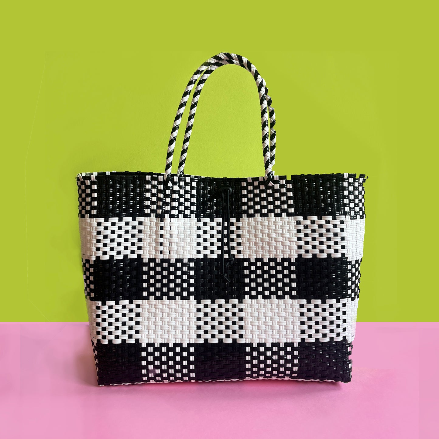 Bicycle Pannier recycled black & white plastic woven basket tote bag