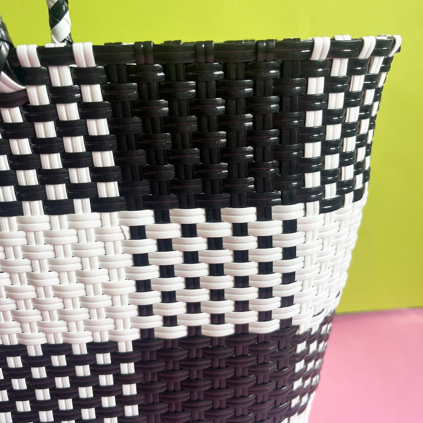 Bicycle Pannier recycled black & white plastic woven basket tote bag