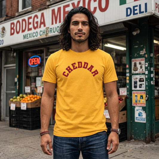 A man wearing a yellow t-shirt with 'CHEDDAR' printed in red arched letters stands in front of a Bodega Mexico grocery store.