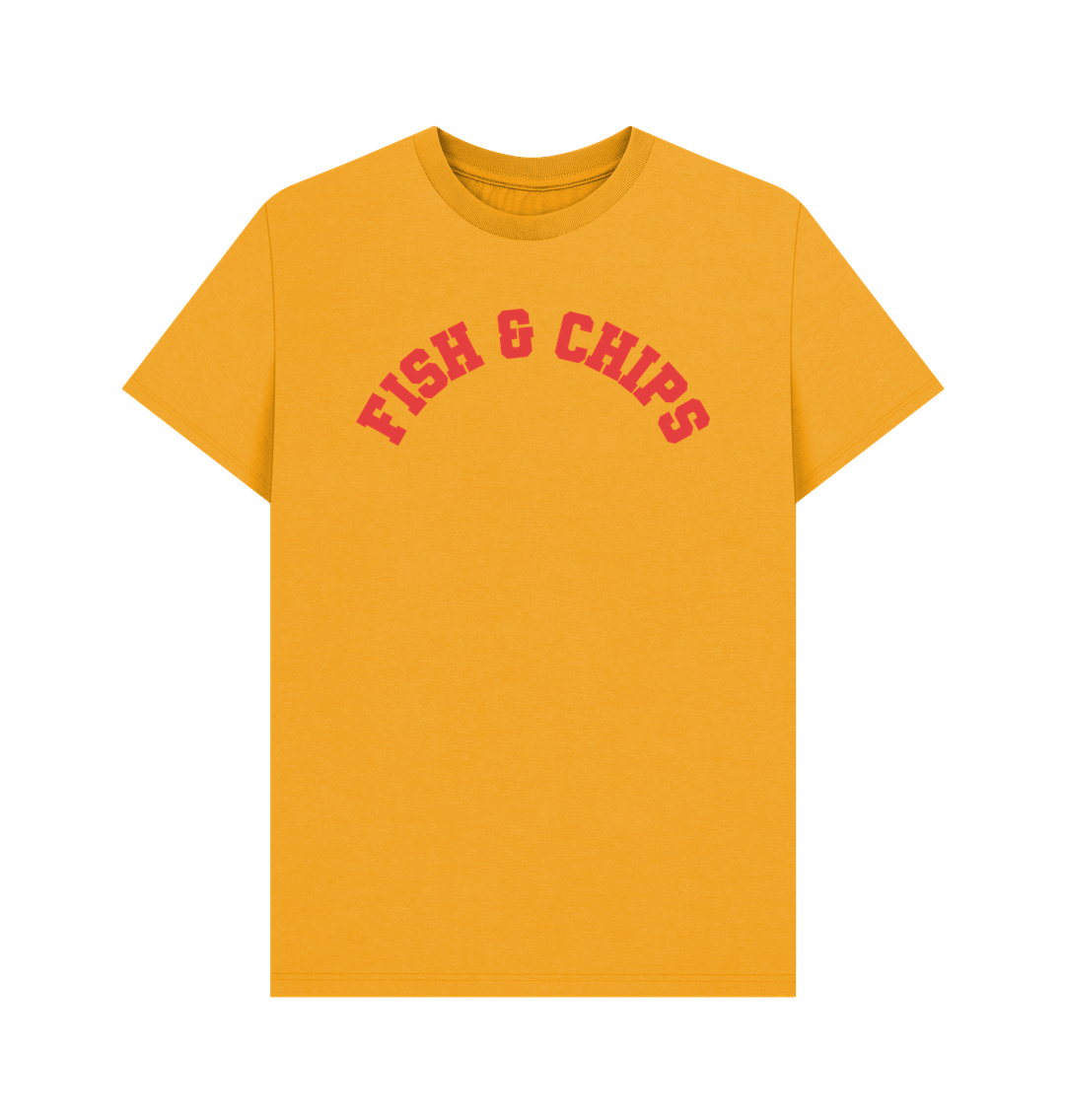 Mustard Fish and Chips Varsity Unisex T-shirt, a classic British staple