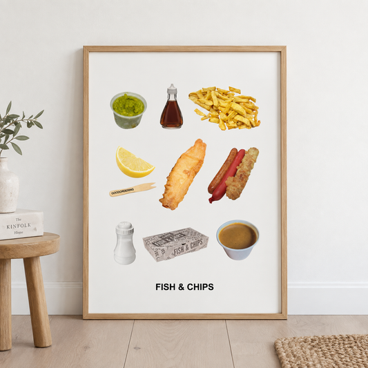 A framed art print featuring a deconstructed fish and chips elements such as gravy mushy peas, salt , vinegar