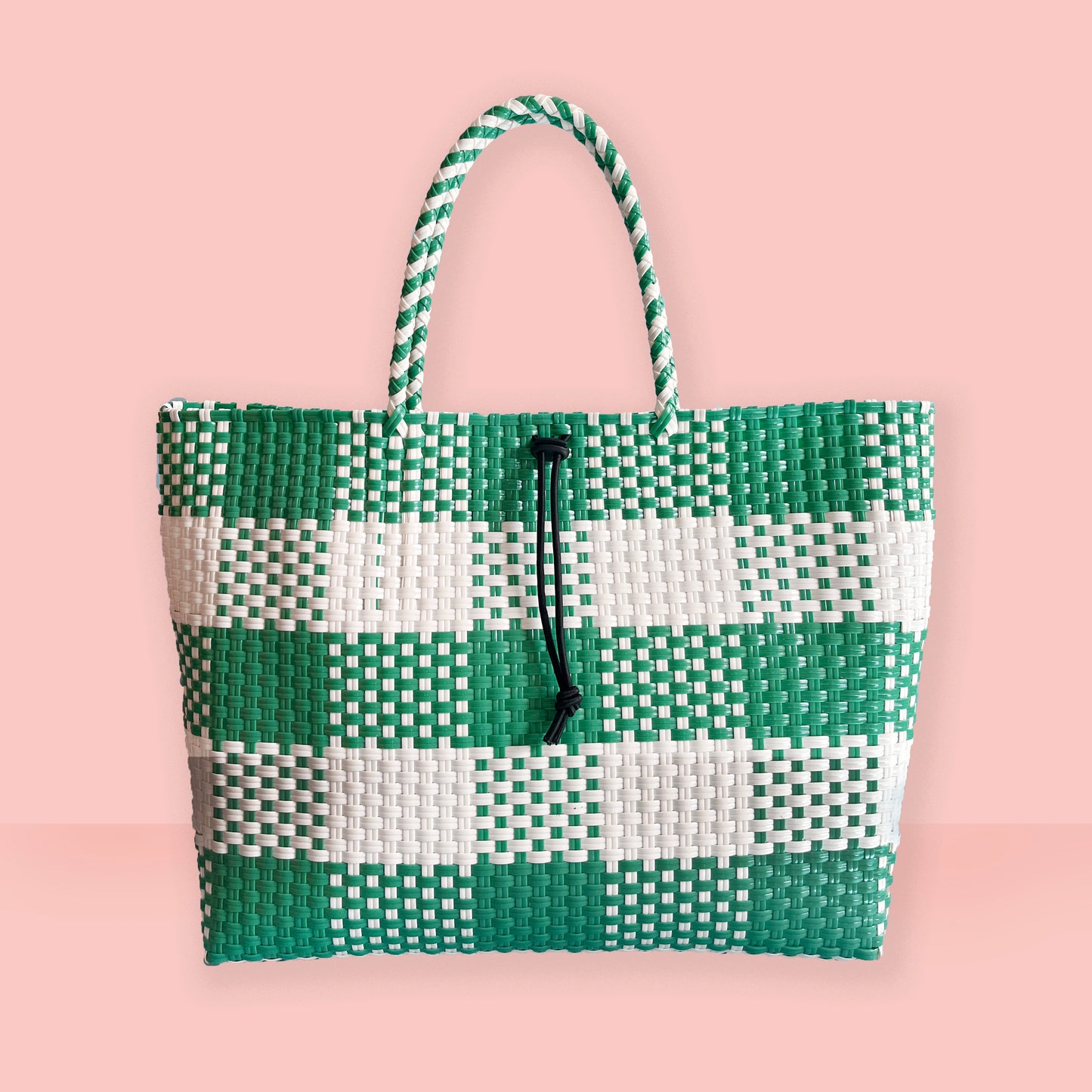 Bicycle Pannier recycled green & white plastic woven basket tote bag