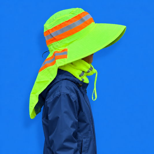 A side profile of a person wearing a high-visibility neon yellow-green sun hat with reflective orange and gray stripes, paired with a matching neck gaiter and a navy blue rain jacket, set against a solid blue background.