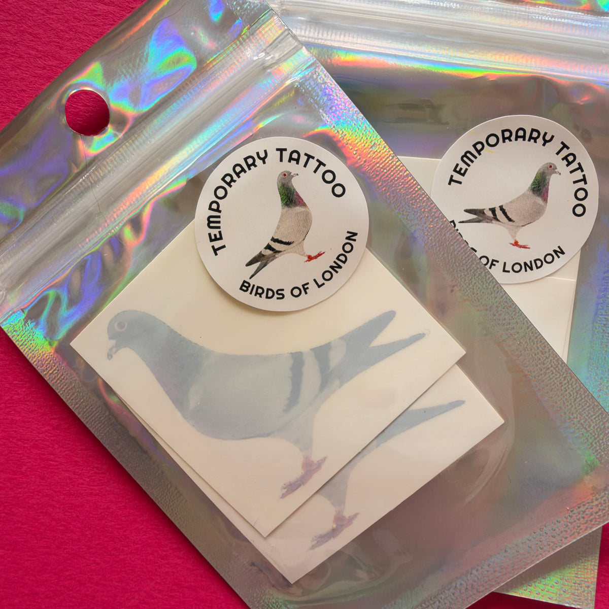 Two holographic zip pouches containing Bird of London temporary tattoo stickers, displayed on a textured pink background.