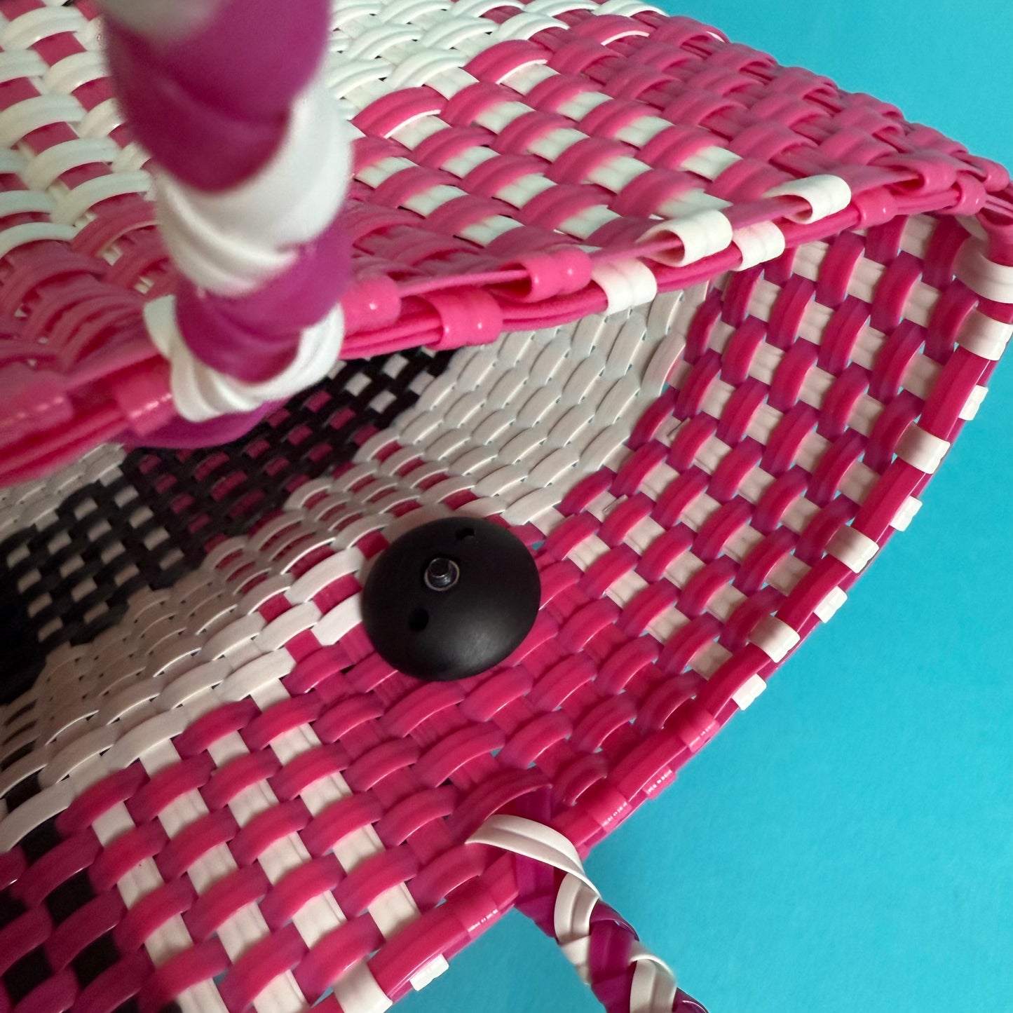 Bicycle Pannier magenta pink black plastic woven basket
