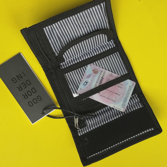 matt black velcro wallet with zip compartments Goodordering video of it open