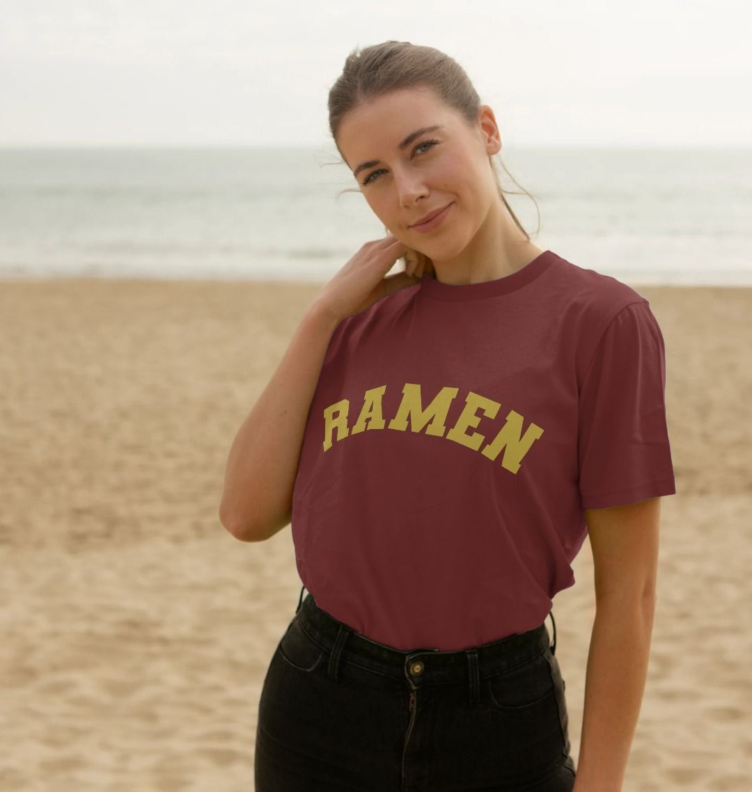 Ramen Varsity T-shirt - Goodordering on model at beach text slogan top